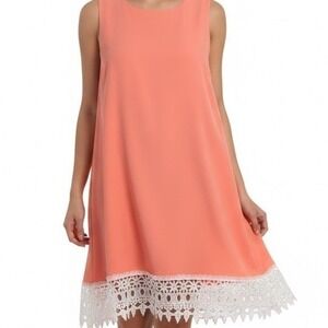 Umgee Coral Sleeveless Shift Dress White Crochet Lace Hem Boho Summer S